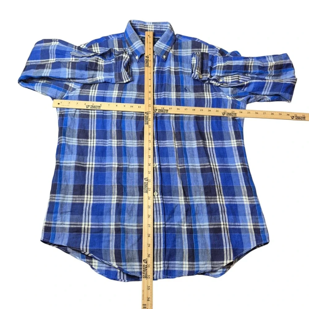 Ralph Lauren Men's L‎ Linen Plaid Button Down Shirt Blue Preppy